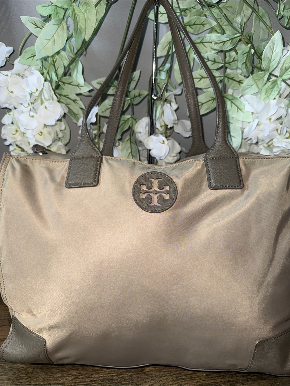 Tory Burch Taupe Nylon Tote with Leather Trim